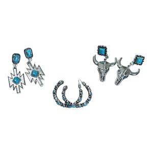 Turquoise Earrings Set 3 Pair Western Style‎ Silver Tone Bull Hoop Dangle New